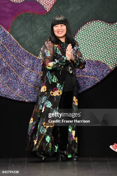 Designer Anna Sui walks the runway for Anna Sui fashion show during New York Fashion Week: The Shows at Gallery 1, Skylight Clarkson Sq on September...