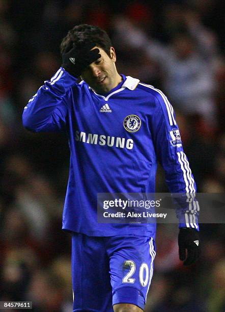 Deco of Chelsea shows his dejection at the end of the Barclays Premier League match between Liverpool and Chelsea at Anfield on February 1, 2009 in...