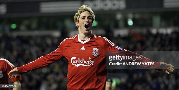 Liverpool's Spanish forward Fernando Torres celebrates after scoring the second goal during the Premier league football match against Chelsea at...