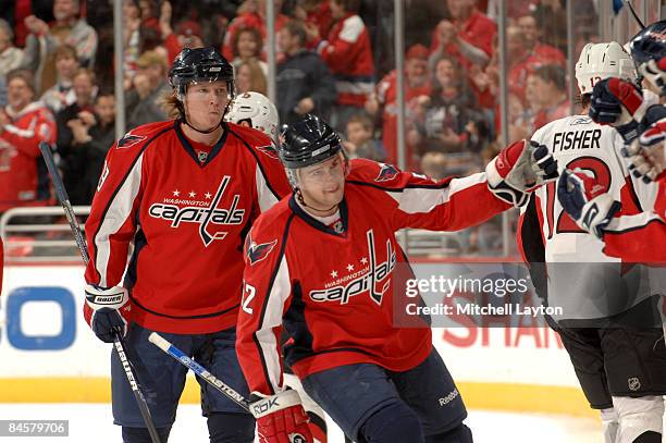 Mike Green of the Washington Capitals celebrates goal during a NHL hockey game against the Ottawa Senators on February 1, 2009 at the Verizon Center...