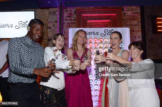 Actor Mamoudou Athie, writer Samantha McIntyre, Lynette Howell, director Brie Larson and Martha MacIsaac attend the Nespresso hosted "Unicorn Store"...
