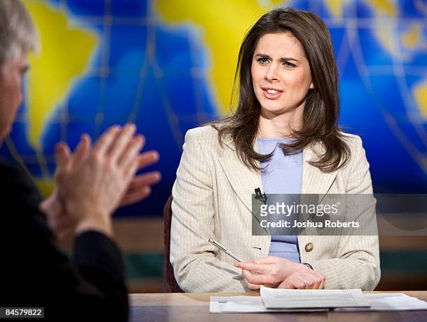 Anchor Erin Burnett speaks as she is interviewed by moderator David Gregory during a taping of "Meet the Press" at the NBC studios February 1, 2009...