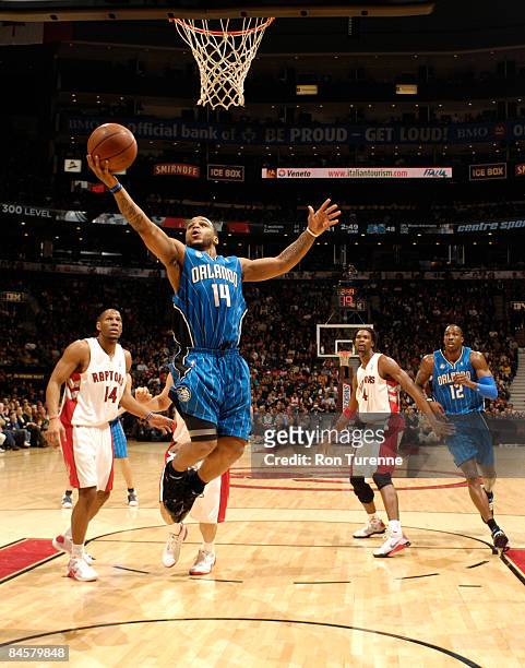Jameer Nelson of the Orlando Magic gets into the lane for the uncontested layup versus the Toronto Raptors on February 1, 2009 at the Air Canada...