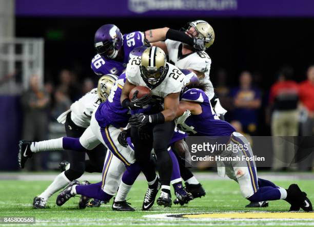 Mark Ingram of the New Orleans Saints carries the ball in the first half of the game against the Minnesota Vikings on September 11, 2017 at U.S. Bank...