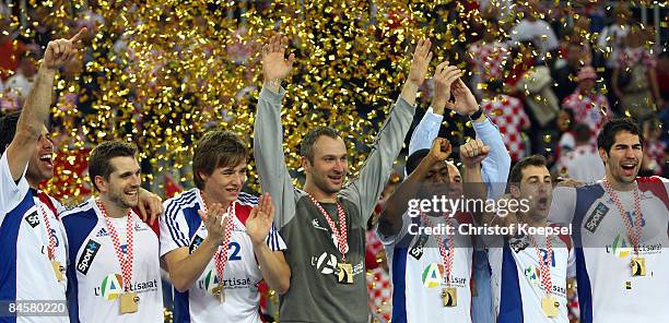 The team of France celebrates winning the Men's World Handball Championships final match between France and Croatia at the Zagreb Arena on February...