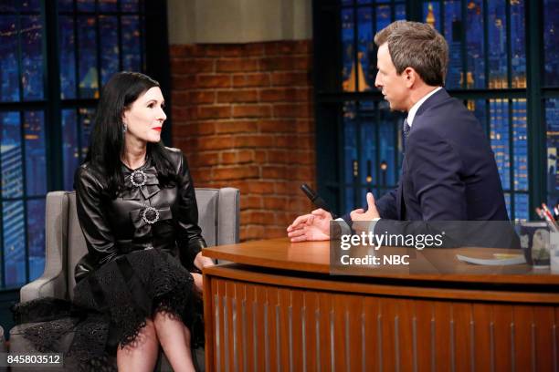 Episode 575 -- Pictured: Actress Jill Kargman talks with host Seth Meyers during an interview on September 11, 2017 --