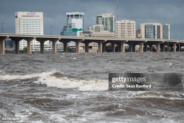 The St. Johns River rises from storm surge flood waters from Hurricane Irma on September 11, 2017 in Jacksonville, Florida. Flooding in downtown...