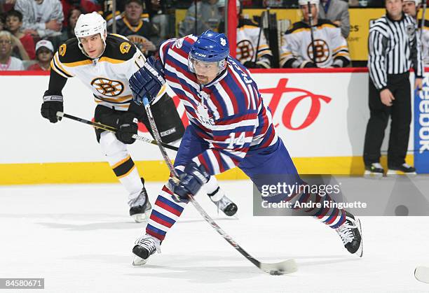 Tomas Plekanec of the Montreal Canadiens fires a slapshot against the Boston Bruins at the Bell Centre on February 1, 2009 in Montreal, Quebec,...