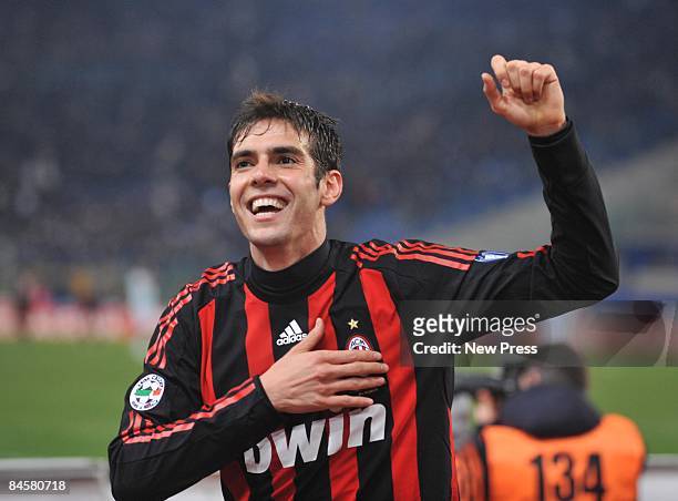 Kaka of AC Milan celebrates after scoring the 3:0 goal during the Serie A match between SS Lazio and AC Milan at the Stadio Olimpico on February 01,...
