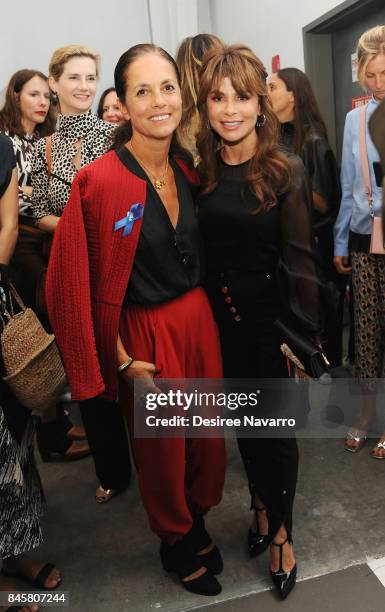 Designer Maria Cornejo and singer Paula Abdul pose backstage at the Zero + Maria Cornejo show during New York Fashion Week on September 11, 2017 in...