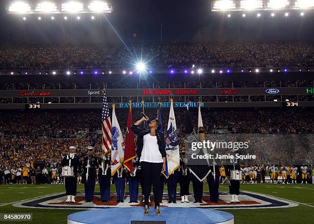 Singer Jennifer Hudson performs the national anthem during the pre-game show prior to the start of Super Bowl XLIII between the Arizona Cardinals and...