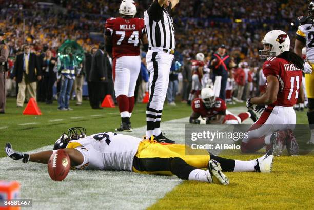 James Harrison of the Pittsburgh Steelers reacts after scoring a touchdown on an 100 yards interception return in the second quarter as Larry...