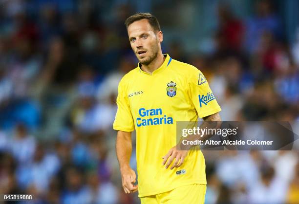 Javi Castellano of Union Deportiva Las Palmas looks on during the La Liga match between Malaga and Las Palmas at Estadio La Rosaleda on September 11,...