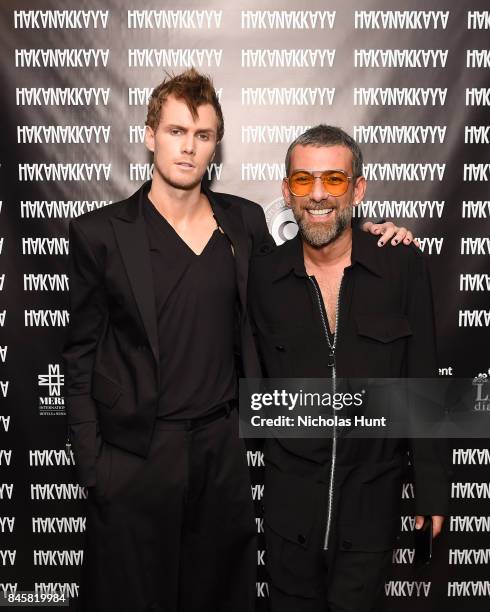 Barron Hilton and Hakan Akkaya pose backstage at Hakan Akkaya fashion show during New York Fashion Week: The Shows at Gallery 2, Skylight Clarkson Sq...