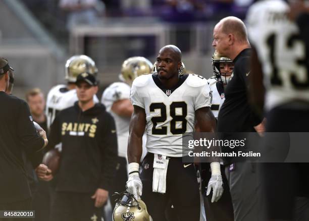 Adrian Peterson of the New Orleans Saints on the sidelines before the game against the Minnesota Vikings on September 11, 2017 at U.S. Bank Stadium...