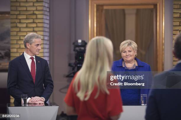 Erna Solberg, Norway's prime minister, right, and Jonas Gahr Store, leader of Norway's Labor Party, left, attend a televised debate following a...