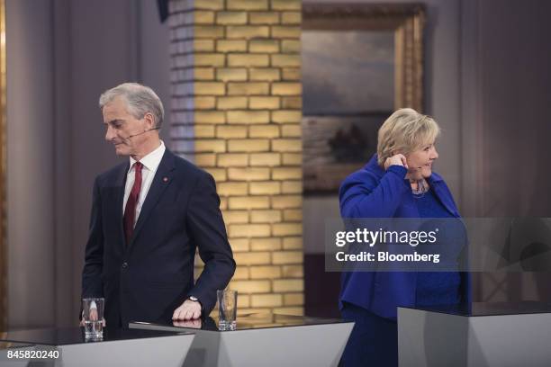 Erna Solberg, Norway's prime minister, right, and Jonas Gahr Store, leader of Norway's Labor Party, attend a televised debate following a...