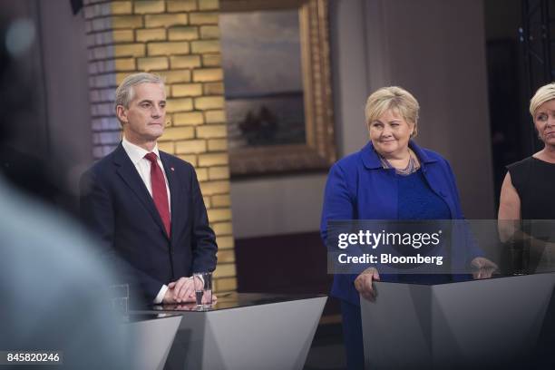 Erna Solberg, Norway's prime minister, right, and Jonas Gahr Store, leader of Norway's Labor Party, attend a televised debate following a...