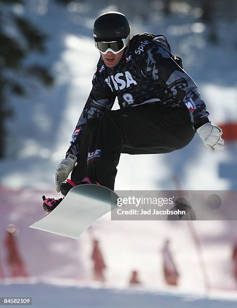 Nick Baumgartner of the USA competes at boardercross, during day 3 of the U.S. Snowboard Grand Prix at Boreal Resort on February 1, 2009 in Boreal,...