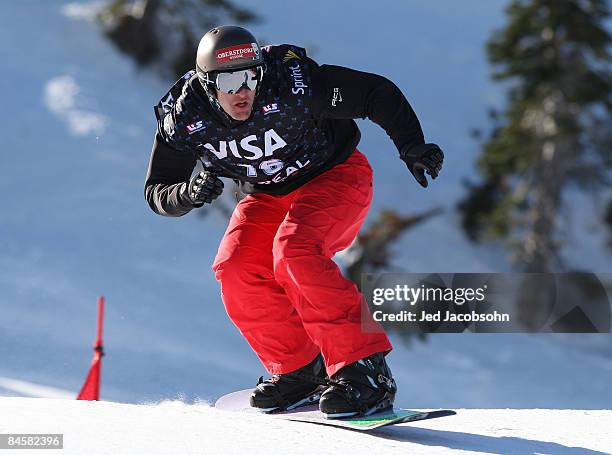 David Speiser of Germany competes at boardercross, during day 3 of the U.S. Snowboard Grand Prix at Boreal Resort on February 1, 2009 in Boreal,...