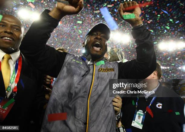 Head coach Mike Tomlin of the Pittsburgh Steelers celebrates on the field after their 27-23 win against the Arizona Cardinals during Super Bowl XLIII...