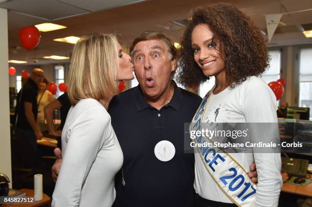 Sylvie Tellier, Jean Pierre Foucault and Alicia Aylies attend the Aurel BGC Charity Benefit Day 2017 on September 11, 2017 in Paris, France.