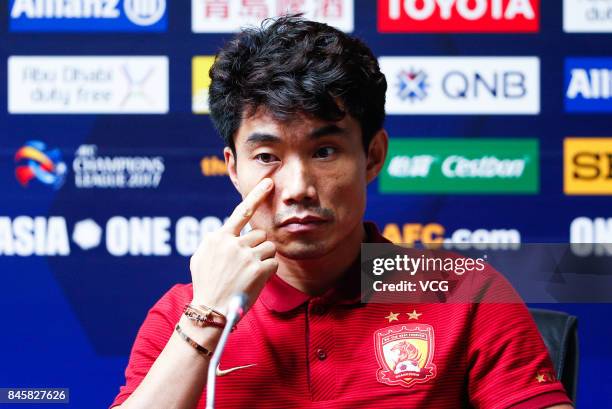 Player Zheng Zhi of Guangzhou Evergrande, attends a press conference ahead of the AFC Champions League 2017 Quarterfinals 2nd round match between...