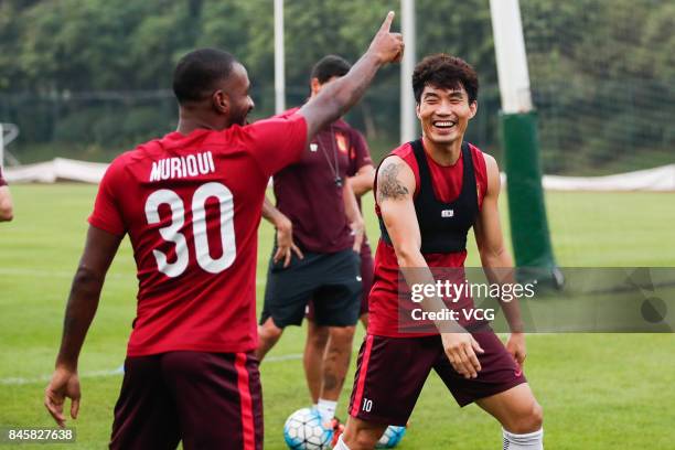 Zheng Zhi of Guangzhou Evergrande, attends a training session ahead of the AFC Champions League 2017 Quarterfinals 2nd round match between Guangzhou...