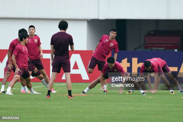 Players of Shanghai SIPG attend a training session ahead of the AFC Champions League 2017 Quarterfinals 2nd round match between Guangzhou Evergrande...