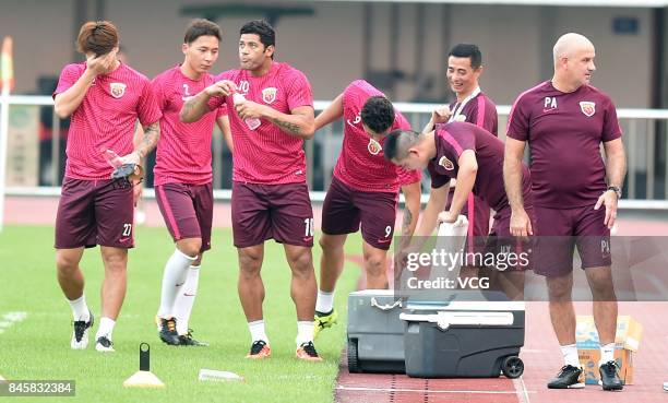 Players of Shanghai SIPG attend a training session ahead of the AFC Champions League 2017 Quarterfinals 2nd round match between Guangzhou Evergrande...
