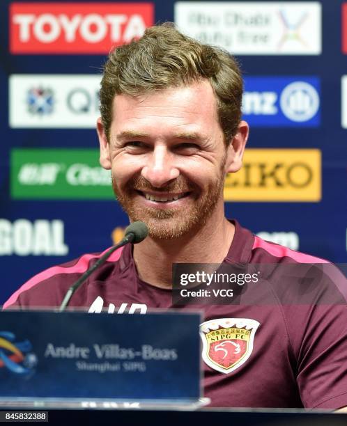 Shanghai SIPG head coach Andre Villas-Boas, attends a press conference ahead of the AFC Champions League 2017 Quarterfinals 2nd round match between...