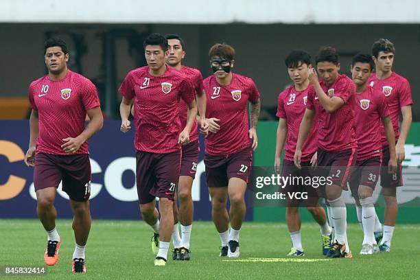 Players of Shanghai SIPG attend a training session ahead of the AFC Champions League 2017 Quarterfinals 2nd round match between Guangzhou Evergrande...