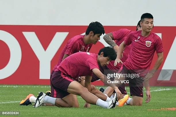 Players of Shanghai SIPG attend a training session ahead of the AFC Champions League 2017 Quarterfinals 2nd round match between Guangzhou Evergrande...