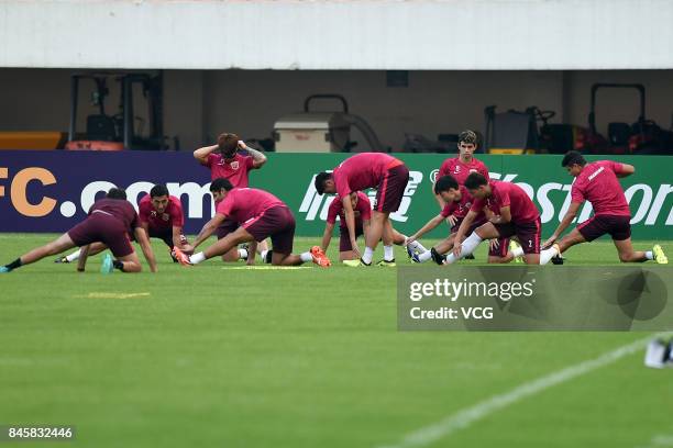 Players of Shanghai SIPG attend a training session ahead of the AFC Champions League 2017 Quarterfinals 2nd round match between Guangzhou Evergrande...