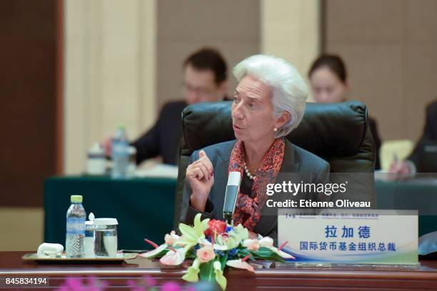 Managing Director Christine Lagarde of the International Monetary Fund, speaks during The 1+6 Round Table Dialogue meeting at Diaoyutai State...