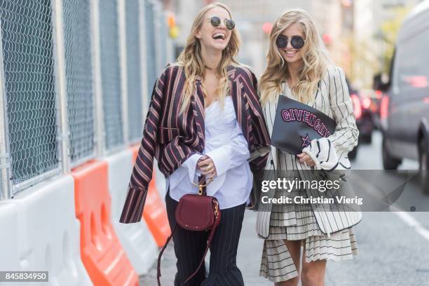 Leonie Hanne wearing stripped jacket, flared pants, Chloe bag, Dior sling backs and Xenia van der Woodsen seen in the streets of Manhattan outside...