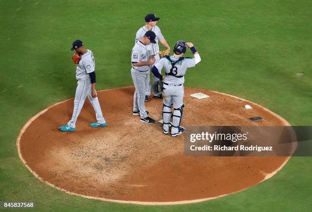 Ariel Miranda of the Seattle Mariners leaves the game in the thirs inning of a game against the Texas Rangers at Globe Life Park in Arlington on...