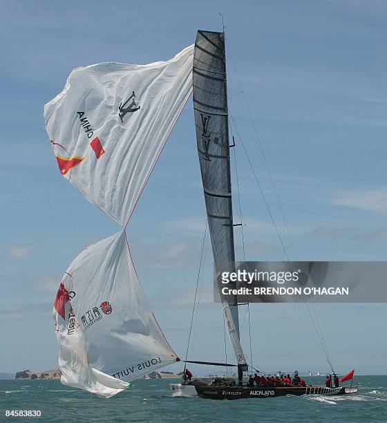 Team China Spinaker rips apart on the last leg during round robin 3 of the series of the Louis Vuitton Pacific Cup Series in Auckland on February 1,...