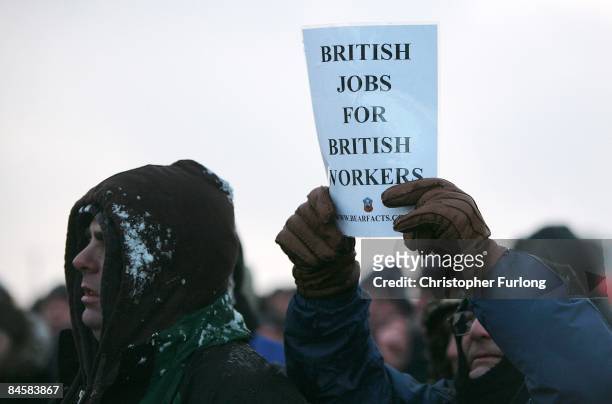 Protestors gather at the Lindsey oil refinery in North Lincolnshire on February 2, 2009 in Immingham, England. Several hundred people demonstrated...