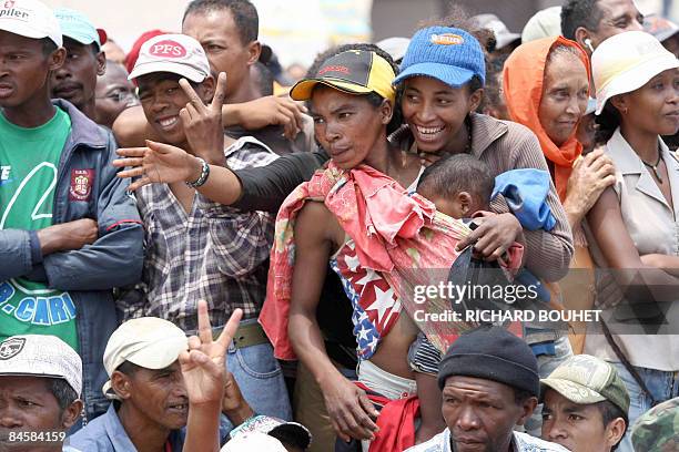 Thousands of supporters of the mayor of Antananarivo, Andry Rajoelina, attend a meeting in the main square of the Madagascan capital on February 2,...