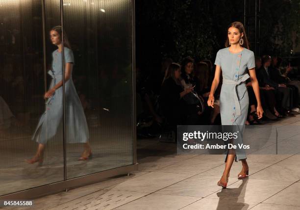 Model walks the runway at the Carolina Herrera show at The Museum of Modern Art on September 11, 2017 in New York City.