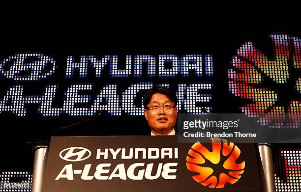Chief Executive Officer of Hyundai Australia Steve Yeo addresses the award ceremony during the Hyundai A-League 2009 Awards at The Ivy on February 2,...