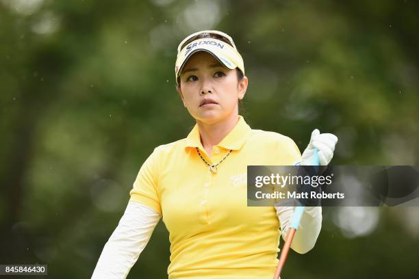 Kaori Aoyama of Japan watches her tee shot on the 2nd hole during the first round of the 50th LPGA Championship Konica Minolta Cup 2017 at the Appi...