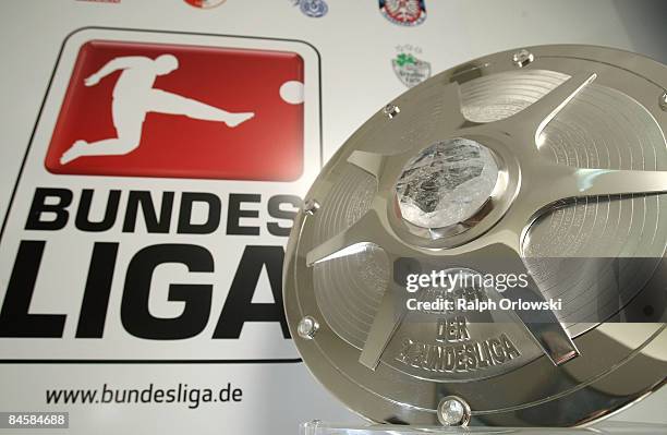 The Meisterschale trophy of the 2. Bundesliga stands illumilated at the headquarters of German Football League Association on February 2, 2009 in...