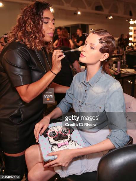 Model Irina Ilichenko at Katty Xiomara Backstage September 2017 during New York Fashion Week at Pier 59 on September 11, 2017 in New York City.