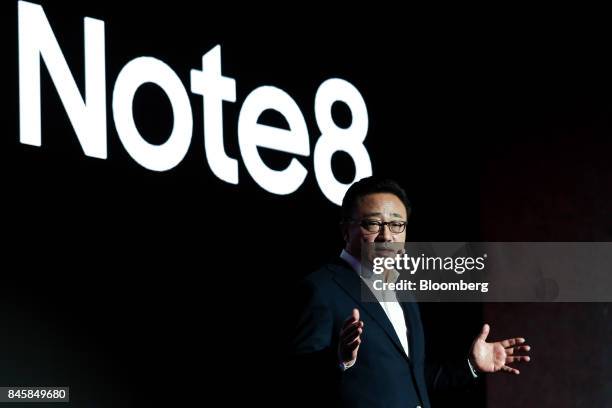 Koh, president of mobile communications at Samsung Electronics Co., speaks during a media event for the company's Galaxy Note 8 smartphone in Seoul,...