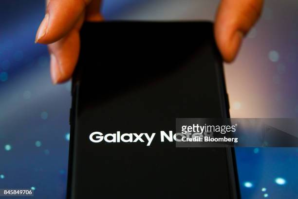 Samsung Electronics Co. Galaxy Note 8 smartphone is displayed during a media event in Seoul, South Korea, on Tuesday, Sept. 12, 2017. Samsung's...