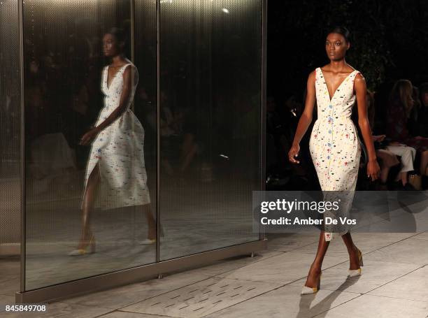 Model walks the runway at the Carolina Herrera show at The Museum of Modern Art on September 11, 2017 in New York City.