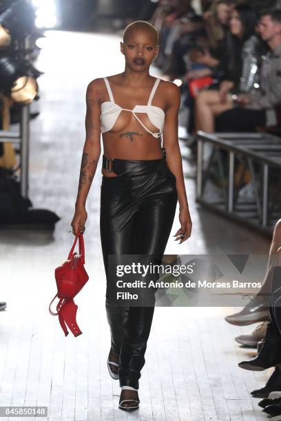 Model walks the runway at Helmut Lang Seen By Shayne Oliver show during New York Fashion Week on September 11, 2017 in New York City.