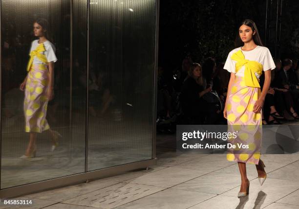 Model walks the runway at the Carolina Herrera show at The Museum of Modern Art on September 11, 2017 in New York City.